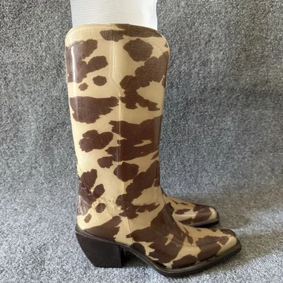 Donald J Pliner Western Equestrian Rain Boots Cow Print Brown Beige 8 Rubber - Picture 2 of 10